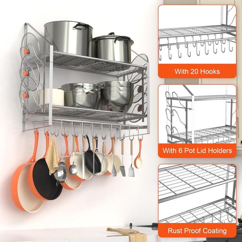 VyGrow 28 Inch Pot Rack Wall Mounted, 2 Tier Pots and Pans Organizer with 20 Hooks and 6 Pot Lid Holders, Heavy Duty Steel Pot and Pan Hanger for Kitchen Cookware Utensils Storage, Silver - Image 5